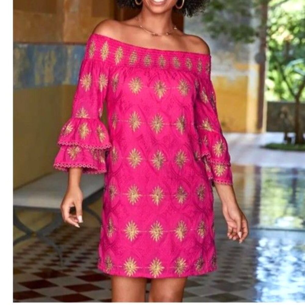 Boston Proper Fuchsia Pink Off-The-Shoulder Dress Sz L Metallic Gold Starburst